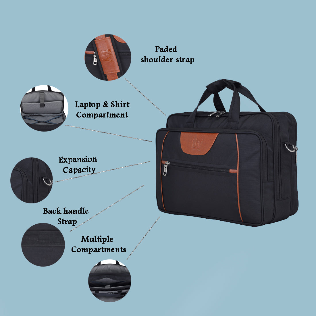 Fly Fashion 15.6 inch Nylon Expandable Laptop Office Bag Men Women Messenger Briefcase-Black