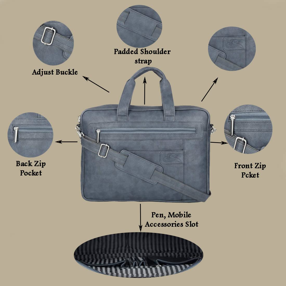 Leather World Pu Leather 15.6 inch Laptop Bag for Men Office Bag Briefcase Messenger Bag Grey Bag