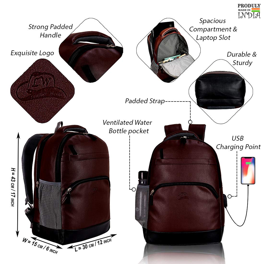 Leather World PU Leather College Office Laptop Backpack with USB