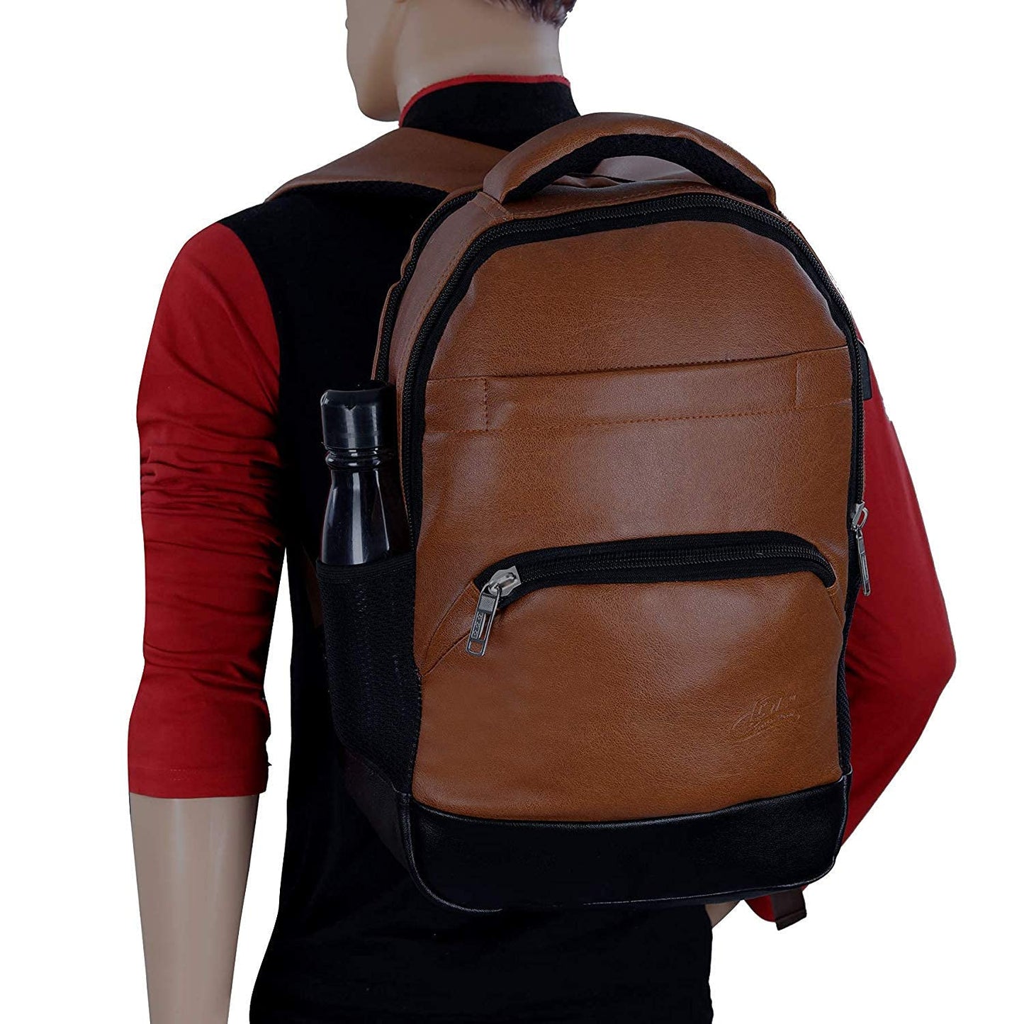 Leather World Tan PU Leather College Office Laptop Backpack with USB