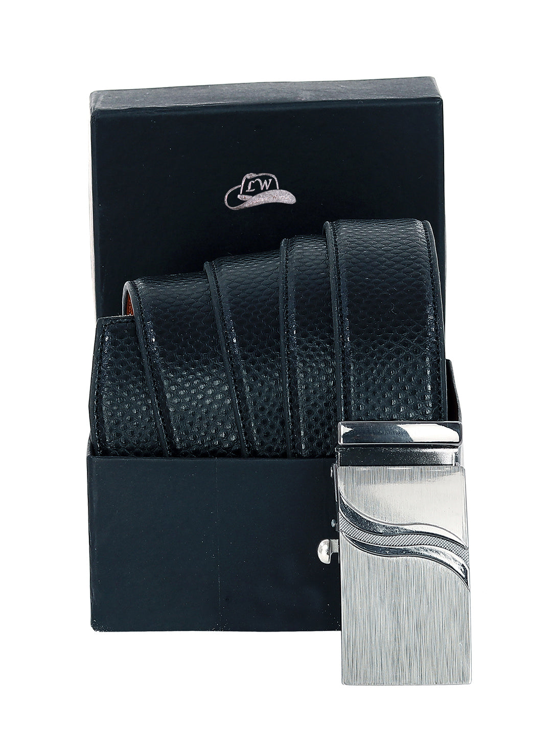 Leather World Auto Lock Buckle Vegan Leather Formal Black Belt For Men Elegant Gift Box