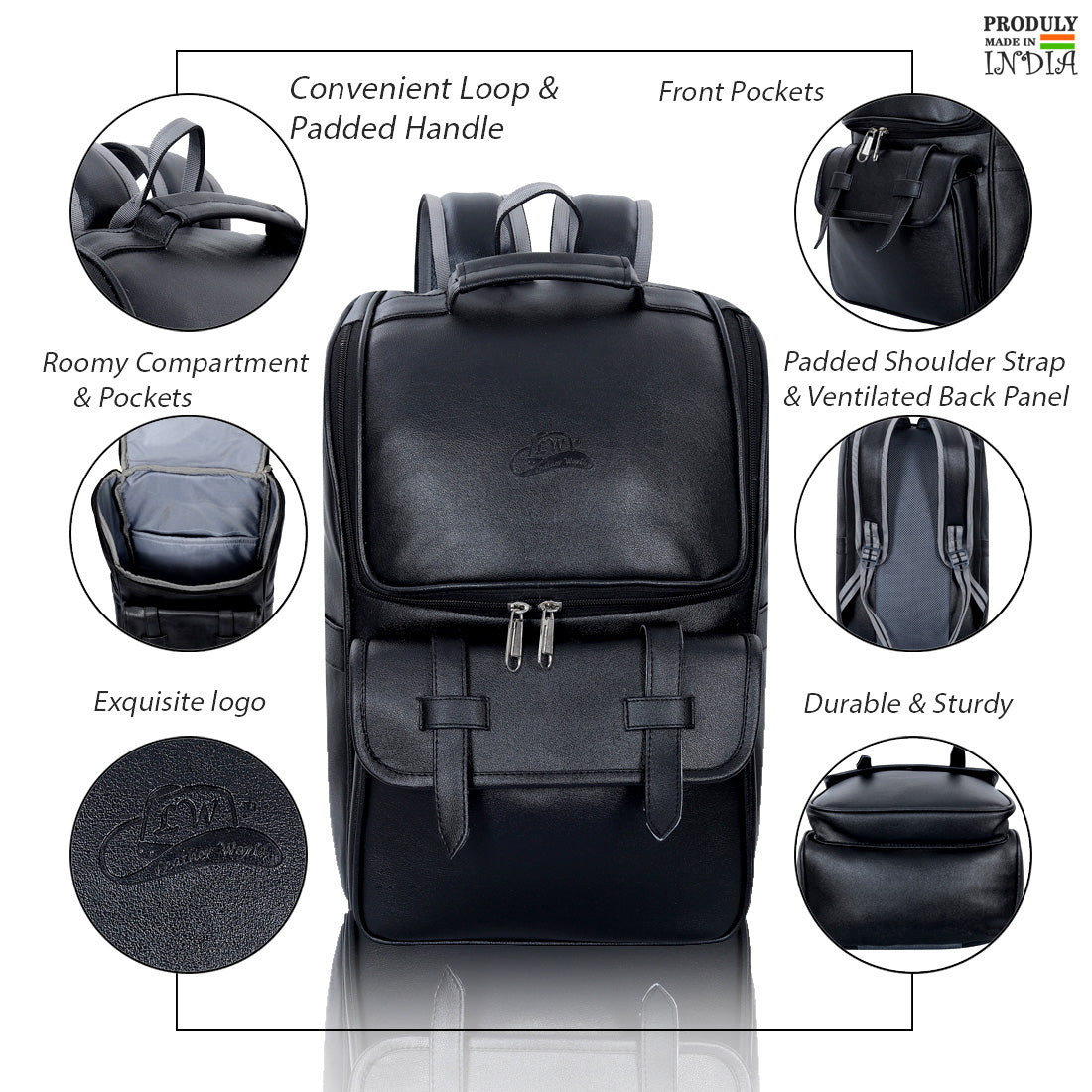 Leather World 14 inch Black Pu Leather Laptop College Casual Backpack Women (BP3081)