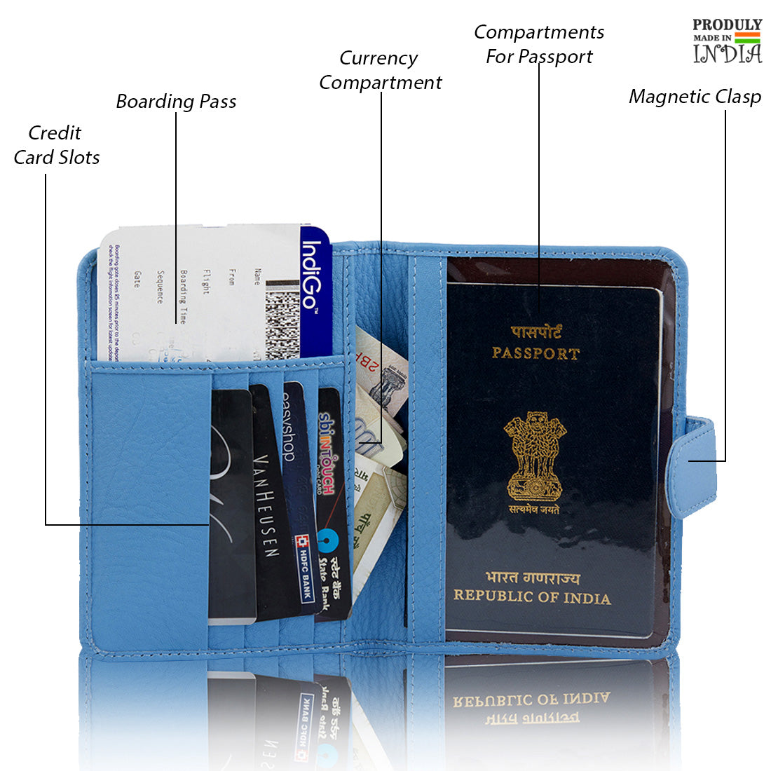 Genuine Grained Leather Unisex Trending Sky Blue Multi-purpose Holder