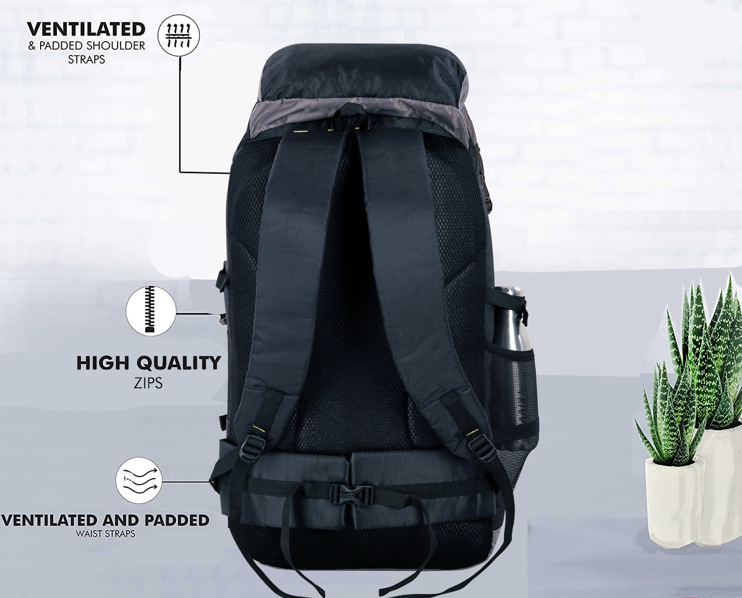 Adventure Backpack Trekking Hiking Travel Rucksack Bag With Shoe Compartments Rucksack - 55 L (Grey)