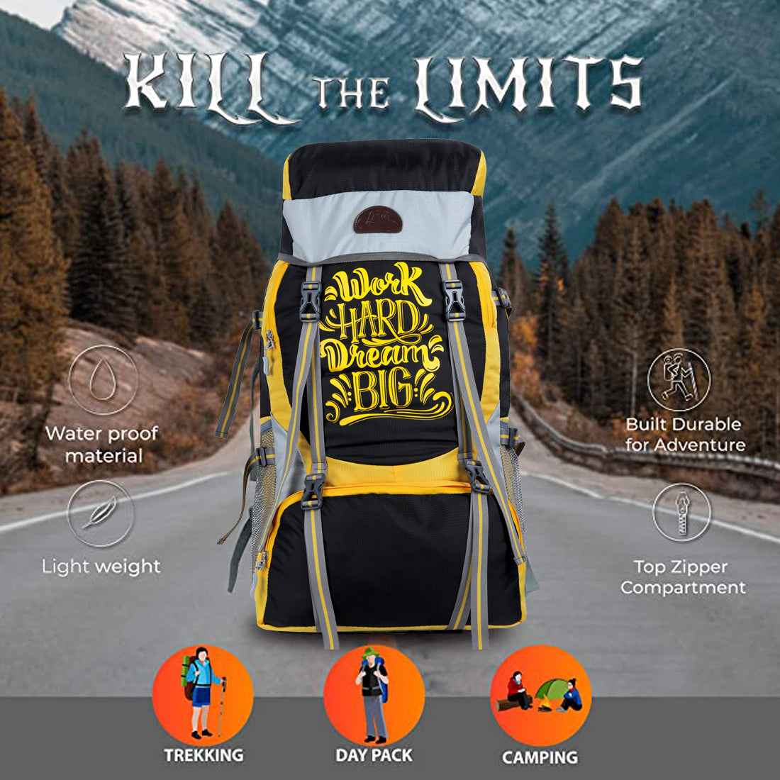 Black & Yellow Casual Trekking Rucksack Bag With Shoe Compartment