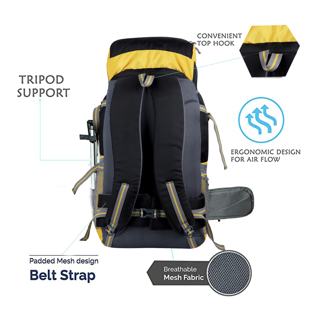 Black & Yellow Casual Trekking Rucksack Bag With Shoe Compartment