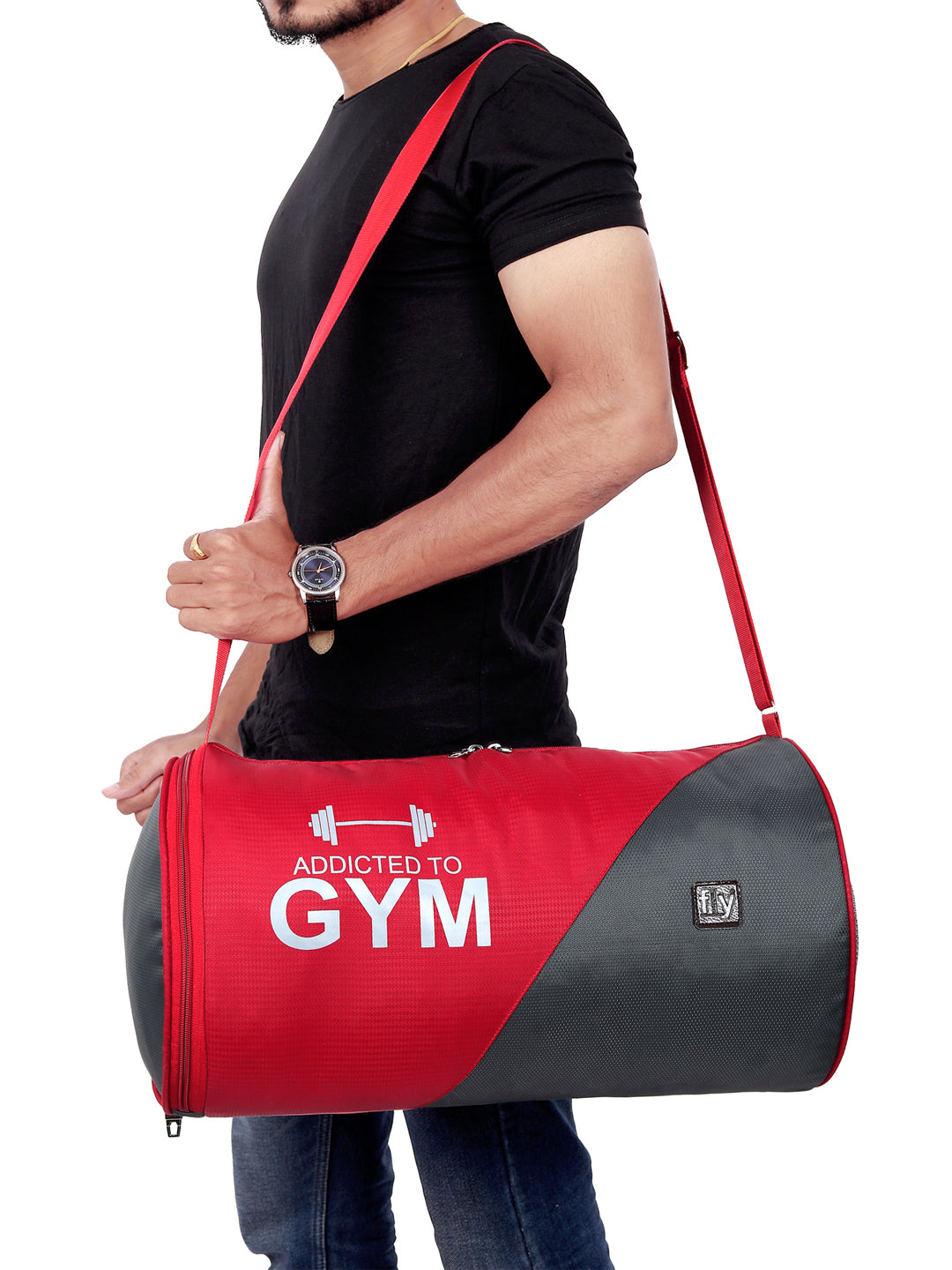 Fly Fashion Water Resistant 32 Ltrs Travel Duffel for Gym Sports for Men and Women with Separate Shoes Compartment (Red/Grey)