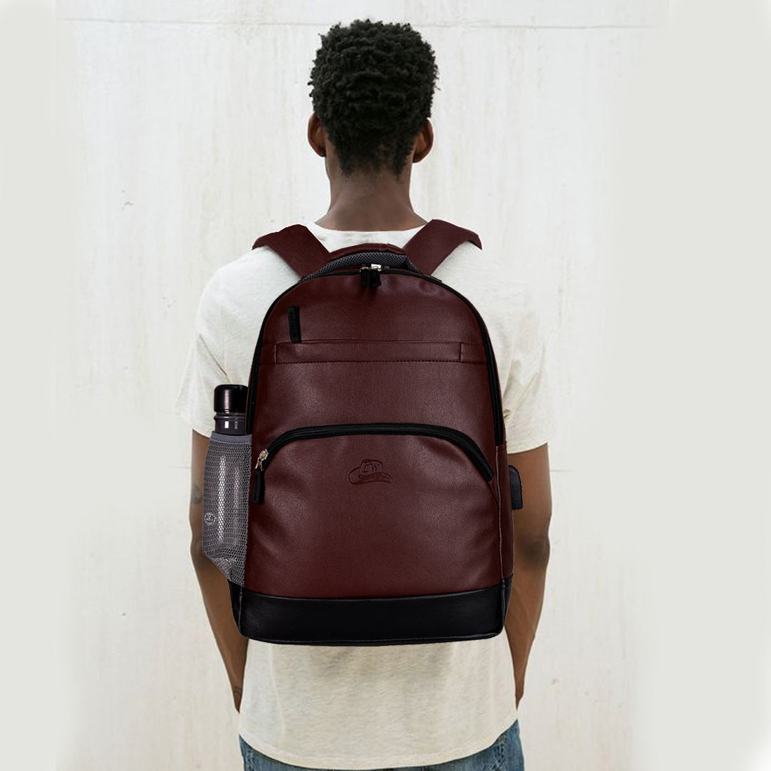 Leather World PU Leather College Office Laptop Backpack with USB