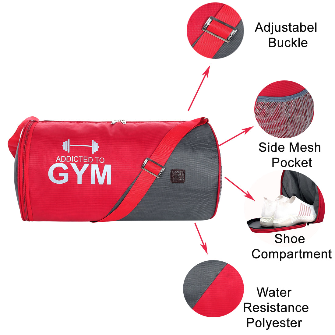 Fly Fashion Water Resistant 32 Ltrs Travel Duffel for Gym Sports for Men and Women with Separate Shoes Compartment (Red/Grey)