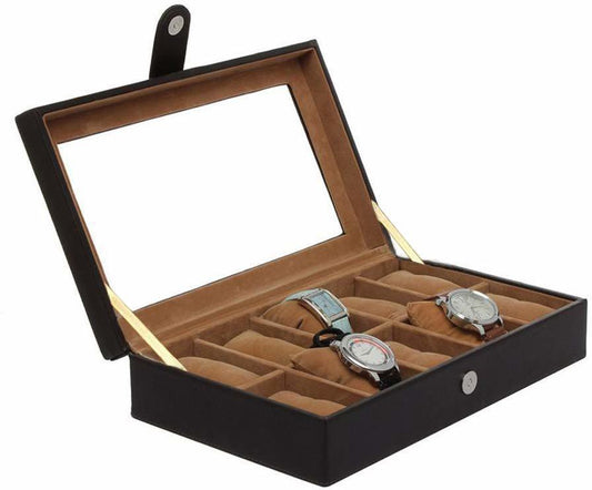 Leather World Watch Box Holder Organizer Case in 10 Slots of Watches for Men and Women with Transparent Display