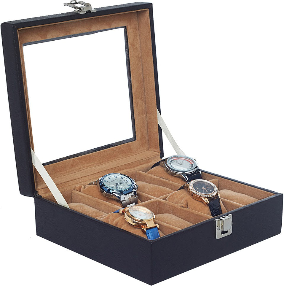 Leather World 8 Slots PU Leather Men Watch Box Acrylic Display Glass Organizer Case Women Storage Jewellery - Tan