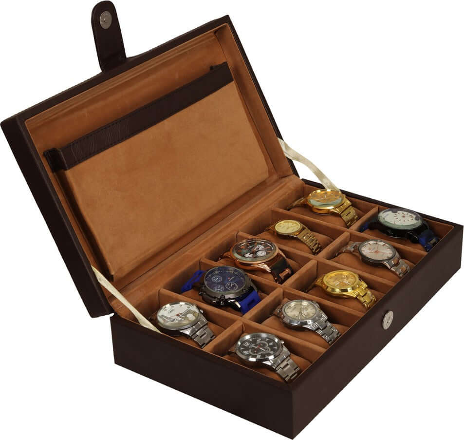 10 Slots Elegant Watch Organizer Box With Plain PU Leather Finish