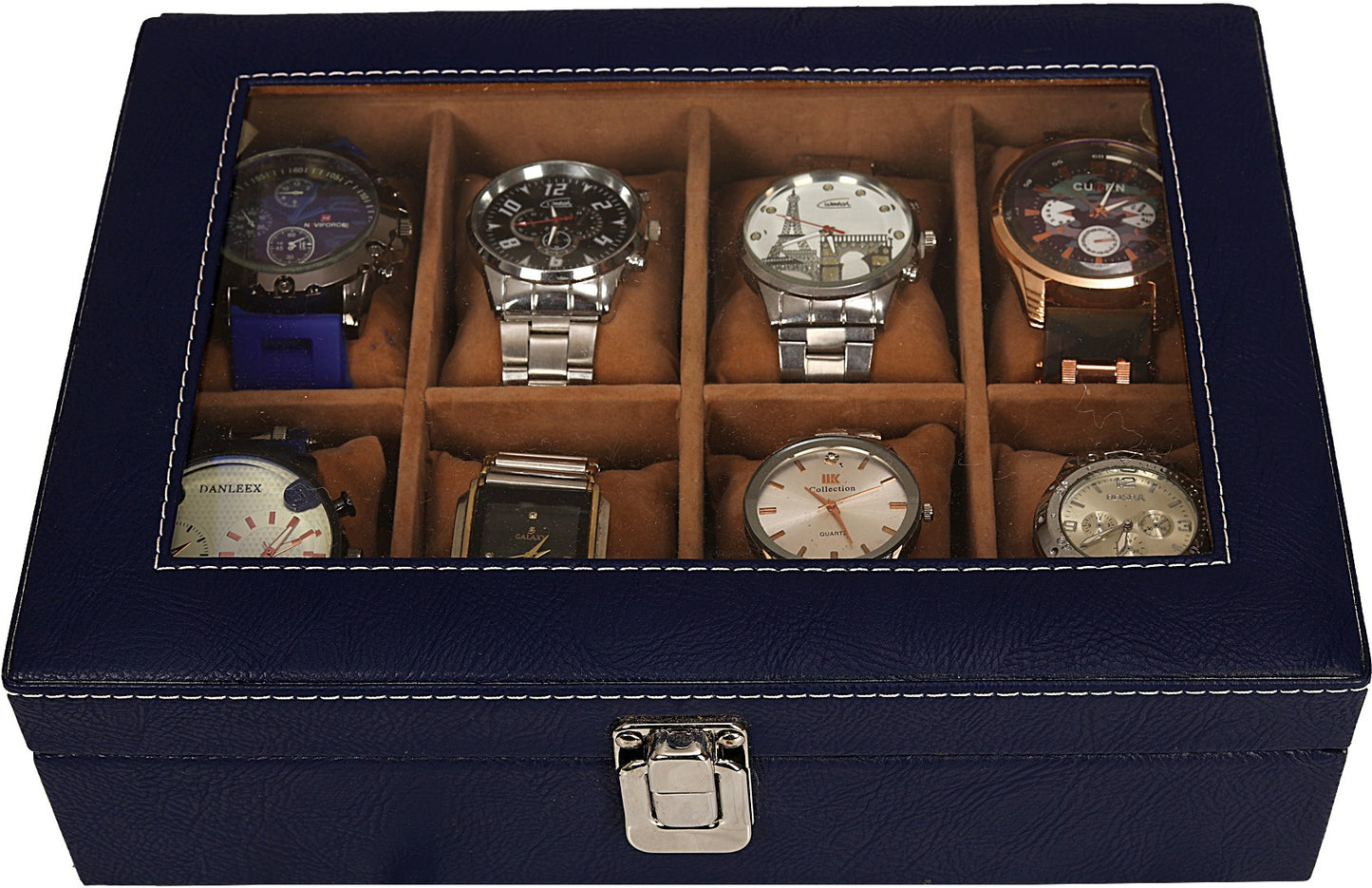 Leather World 8 Slots PU Leather Men Watch Box Acrylic Display Glass Organizer Case Women Storage Jewelry - Blue