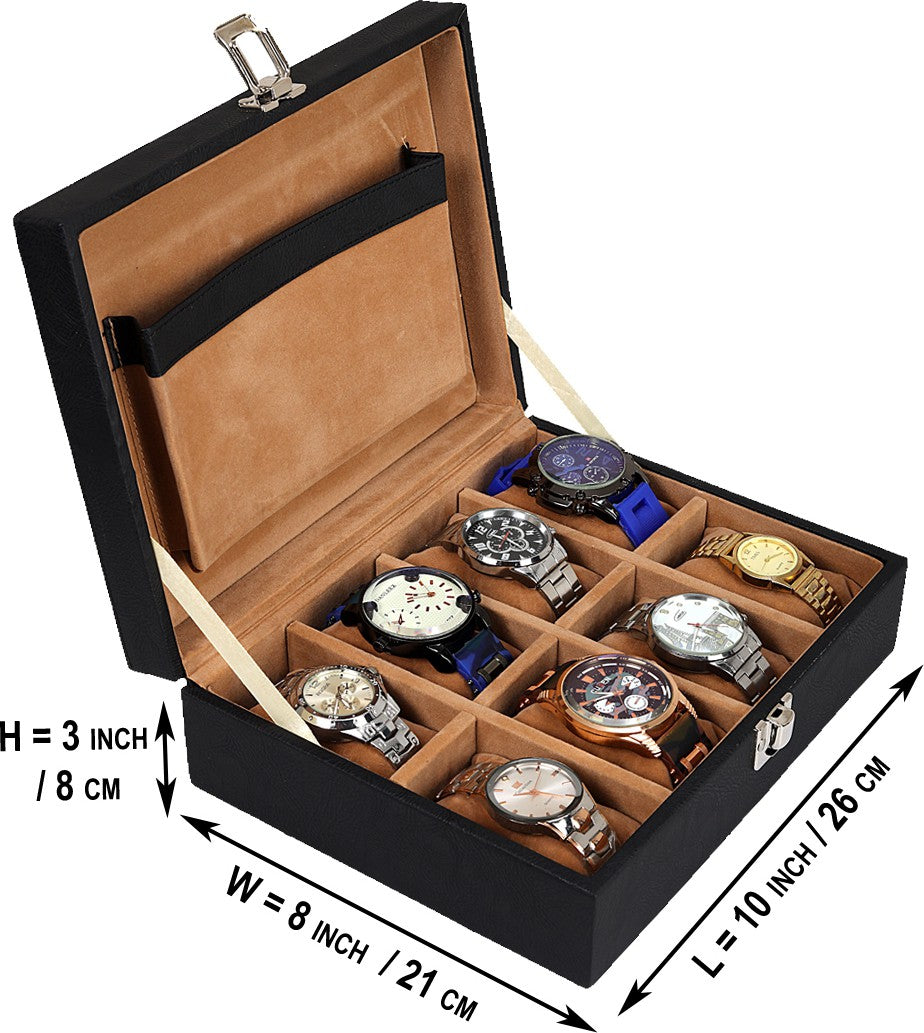 Leather World 8 Slots PU Leather Men Watch Box Display Organizer Case Women Storage Jewellery - Black