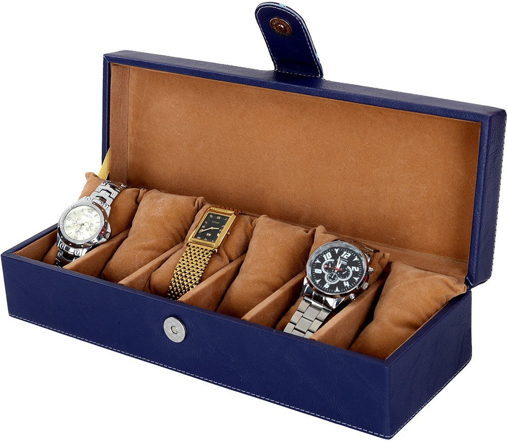 6 Slots Classy Blue Watch Box Organizer with Plain Leather Finish