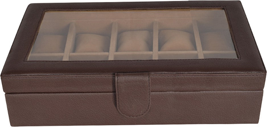 Leather World 10 Slots PU Leather Men Watch Box Display Organizer Case Women Storage Jewelry - Coffee Brown