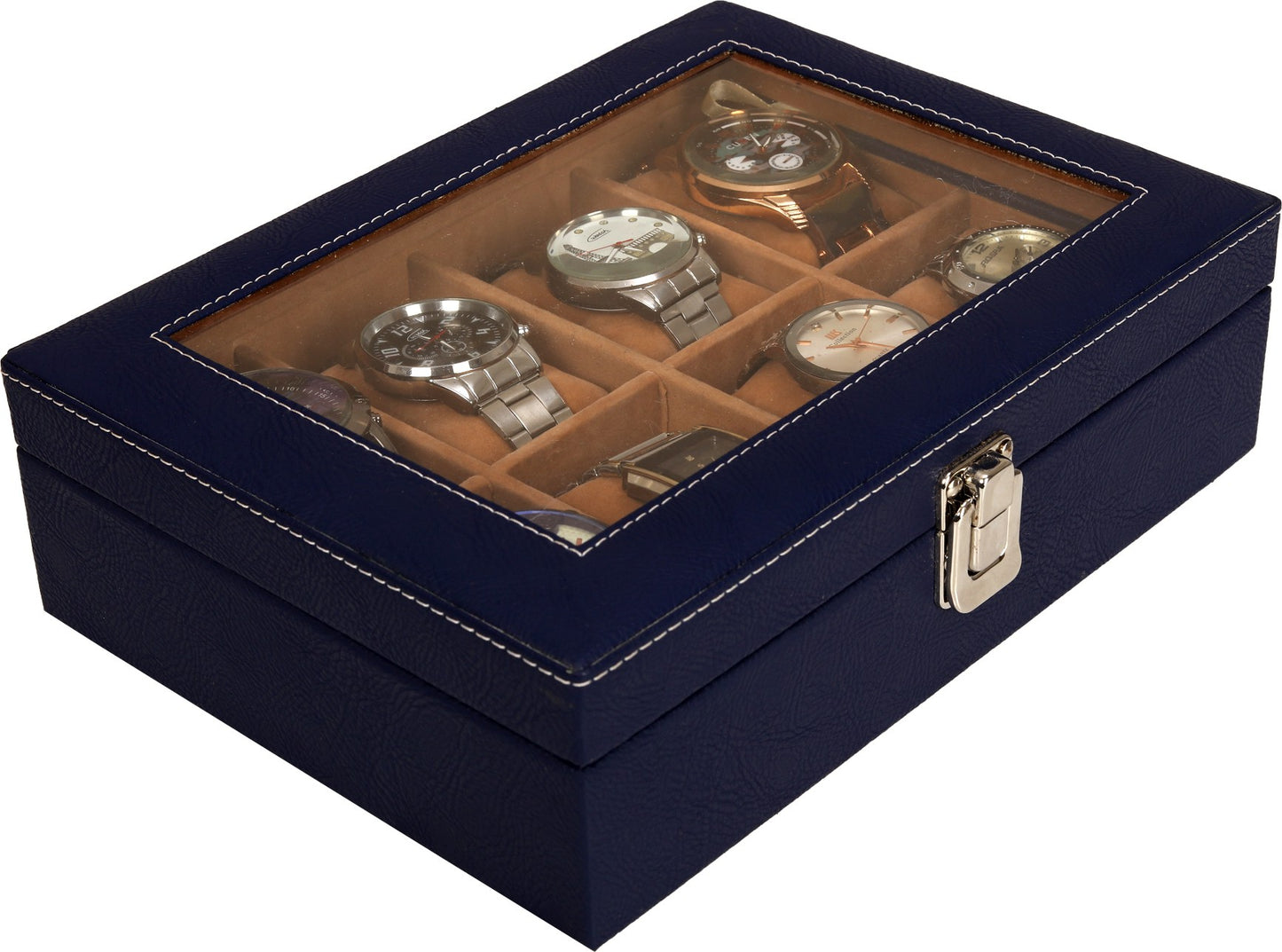 Leather World 8 Slots PU Leather Men Watch Box Acrylic Display Glass Organizer Case Women Storage Jewelry - Blue