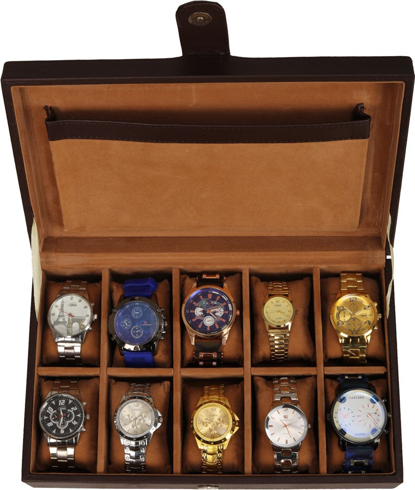 Leather World 10 Slots PU Leather Men Watch Box Display Organizer Case Women Storage Jewellery - Brown