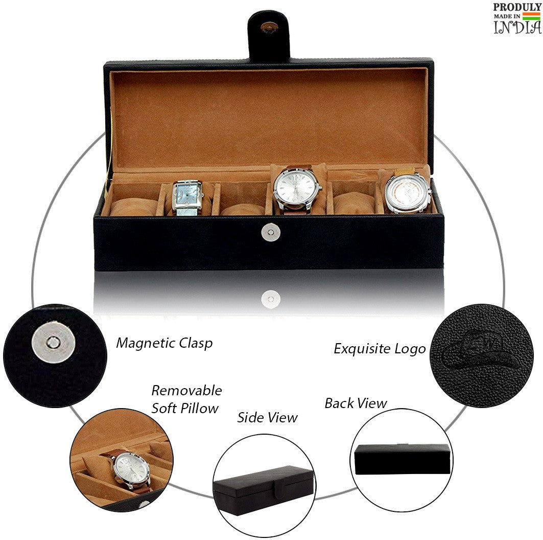 6 Slots Classy Black Watch Box Organizer with Plain Leather Finish