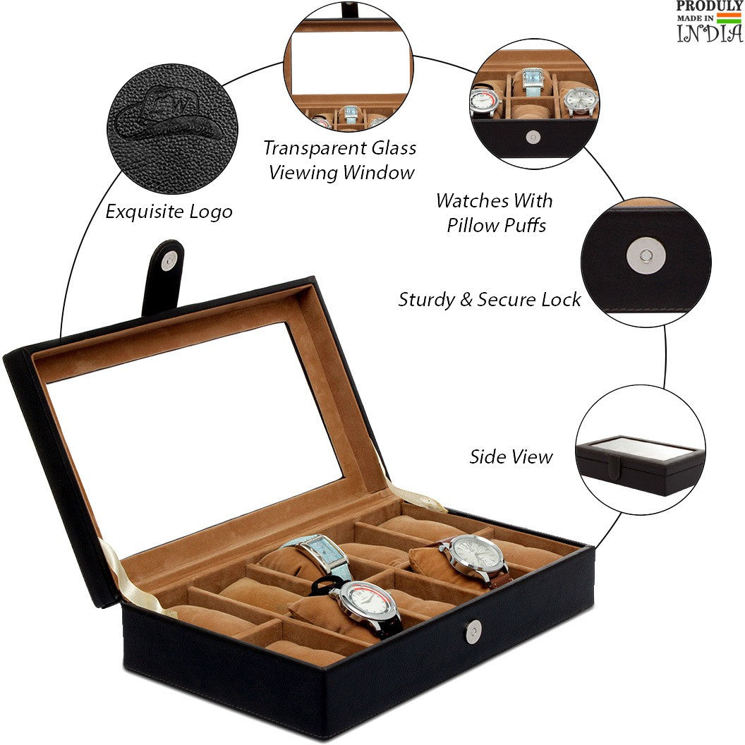 Leather World Watch Box Holder Organizer Case in 10 Slots of Watches for Men and Women with Transparent Display