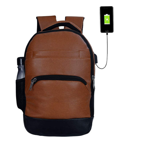 Leather World PU Leather College Office Laptop Backpack with USB