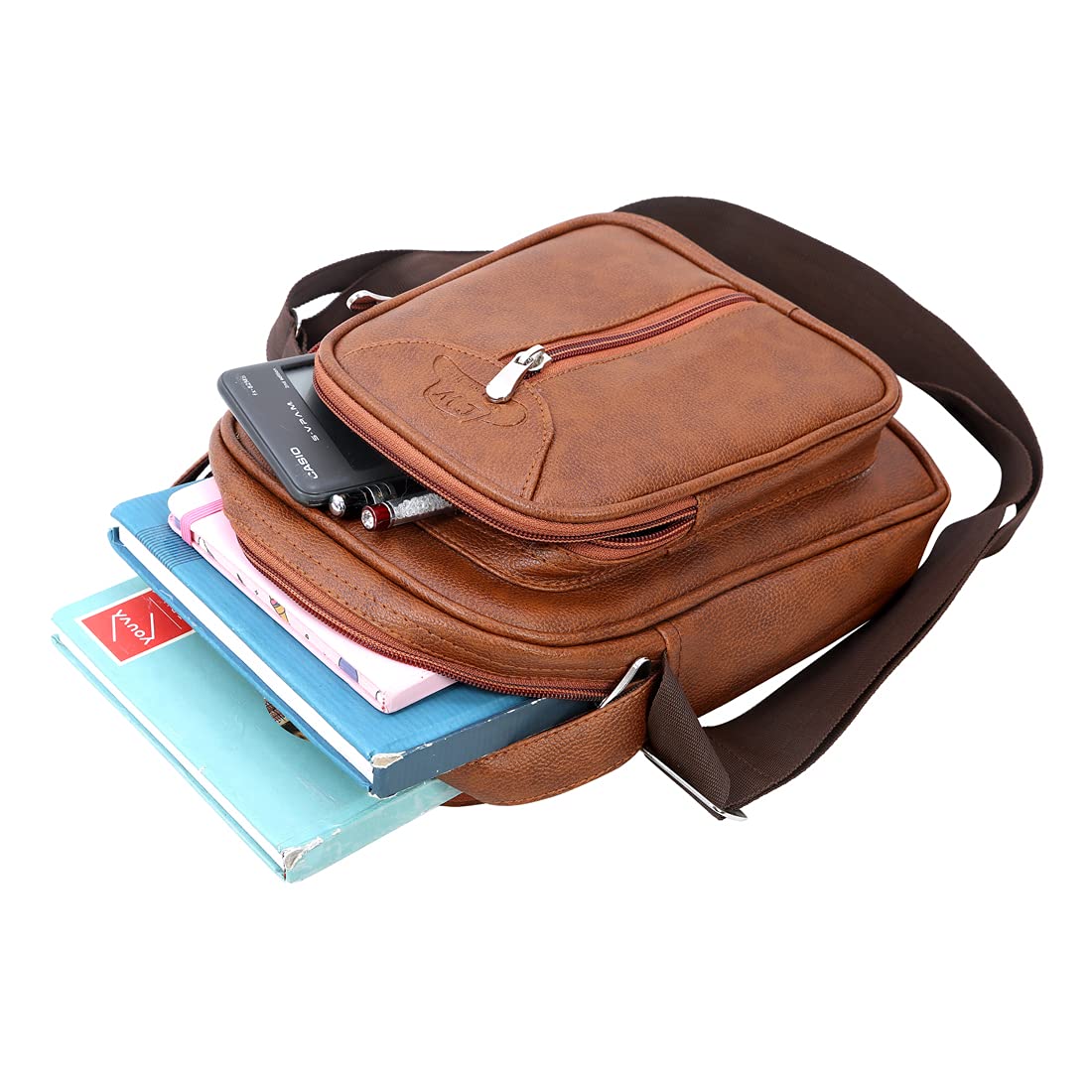 Leather World Vegan Leather 5.6 Liter Sling Cross Body Travel Office Business Messenger Bag for Men Women - Tan