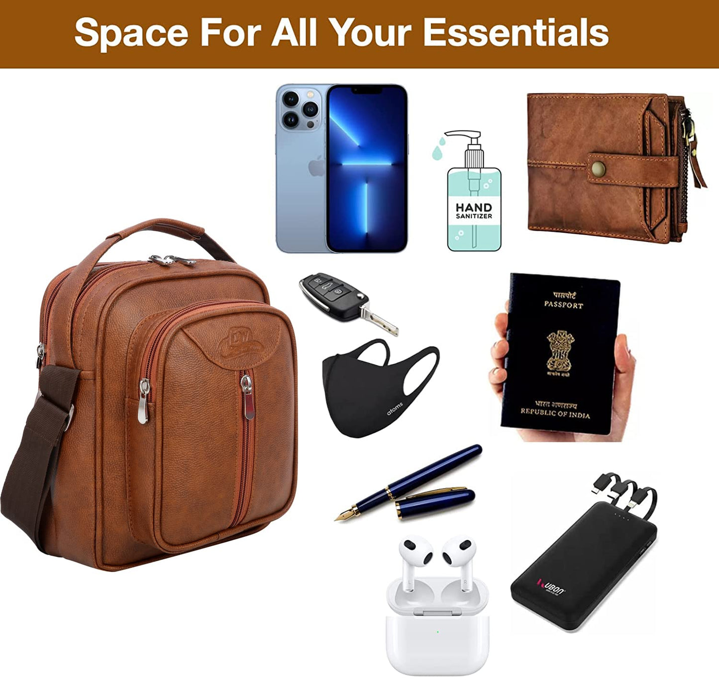 Leather World Vegan Leather 5.6 Liter Sling Cross Body Travel Office Business Messenger Bag for Men Women - Tan