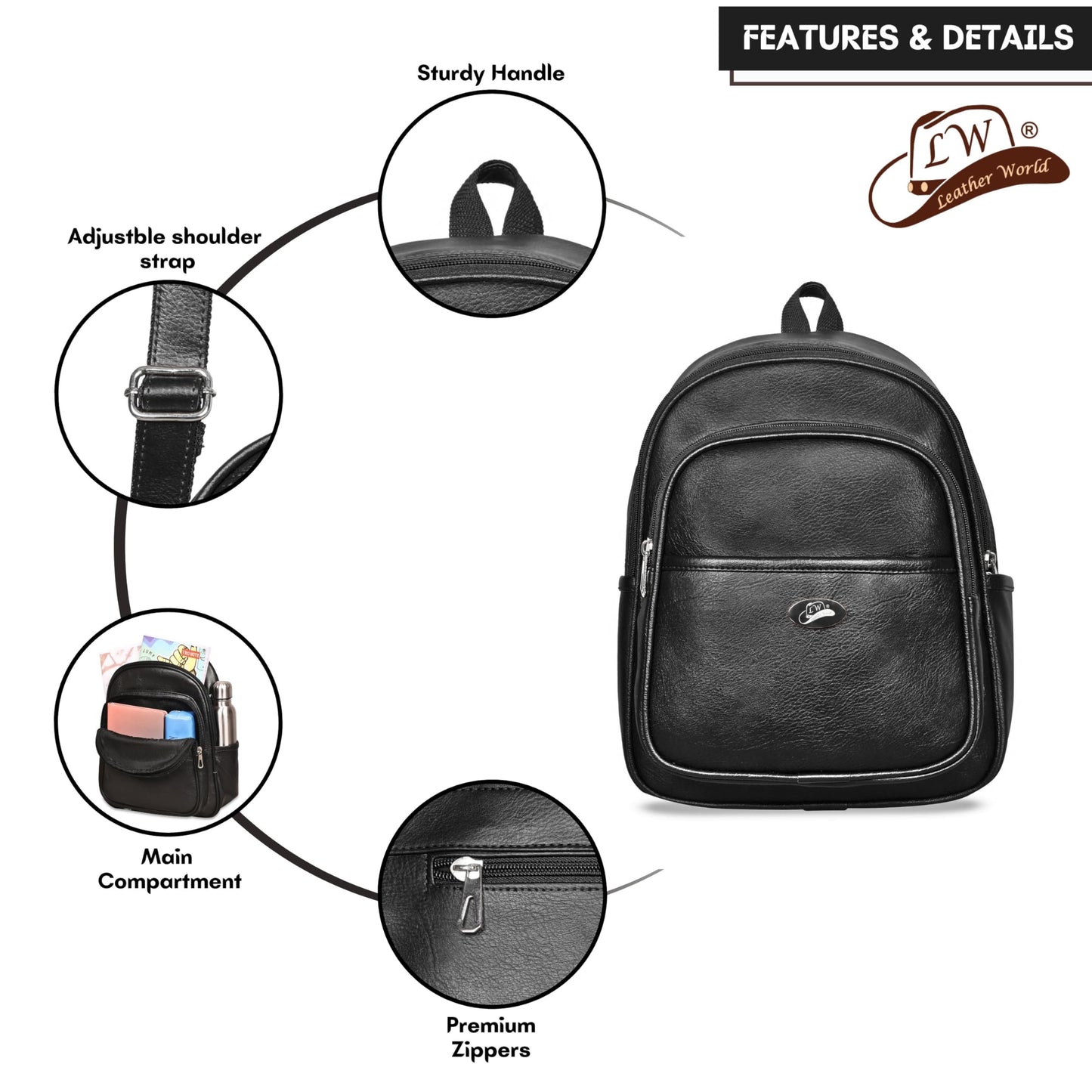 Leather World Backpack for Women Vegan Leather Travel Backpack Vintage Shoulder Bags Girls - Black