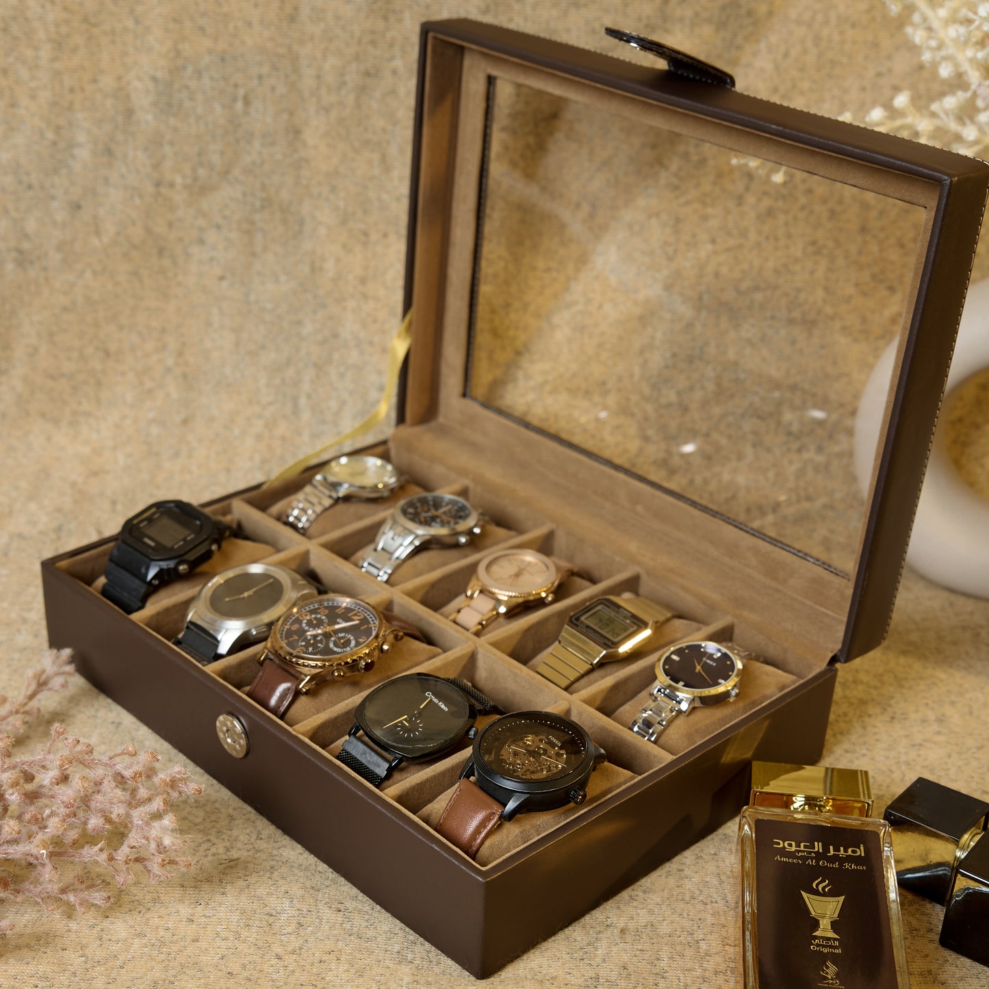 Leather World 10 Slots Elegant Watch Box With Viewing Window