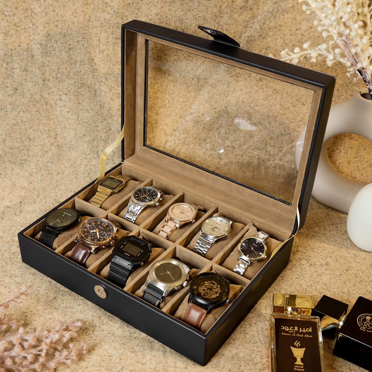 Leather World Watch Box Holder Organizer Case in 10 Slots of Watches for Men and Women with Transparent Display
