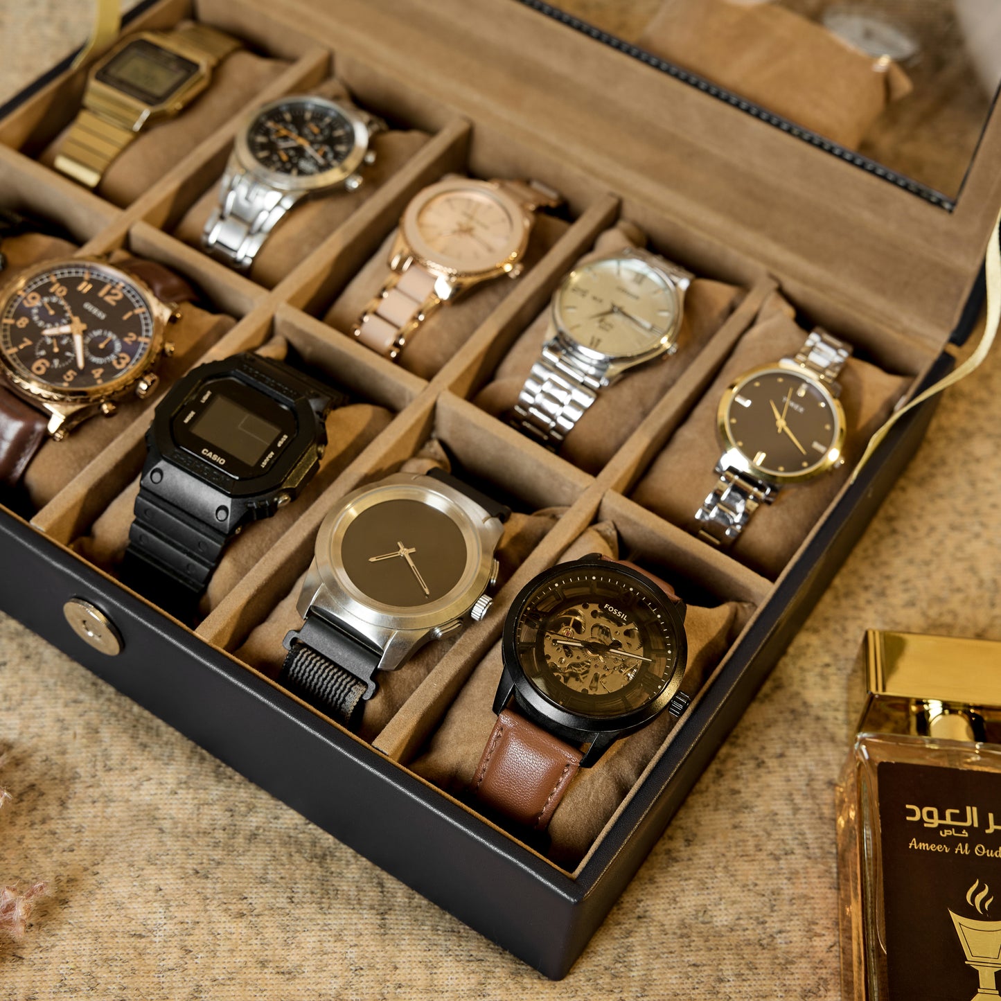 Leather World Watch Box Holder Organizer Case in 10 Slots of Watches for Men and Women with Transparent Display