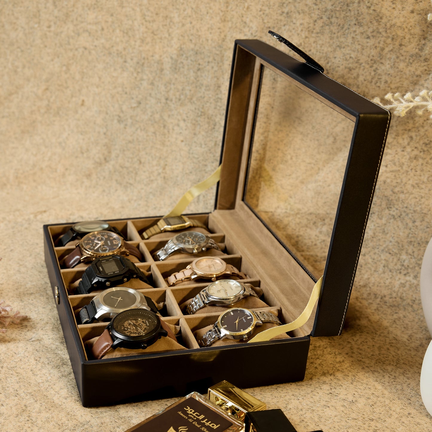 Leather World Watch Box Holder Organizer Case in 10 Slots of Watches for Men and Women with Transparent Display