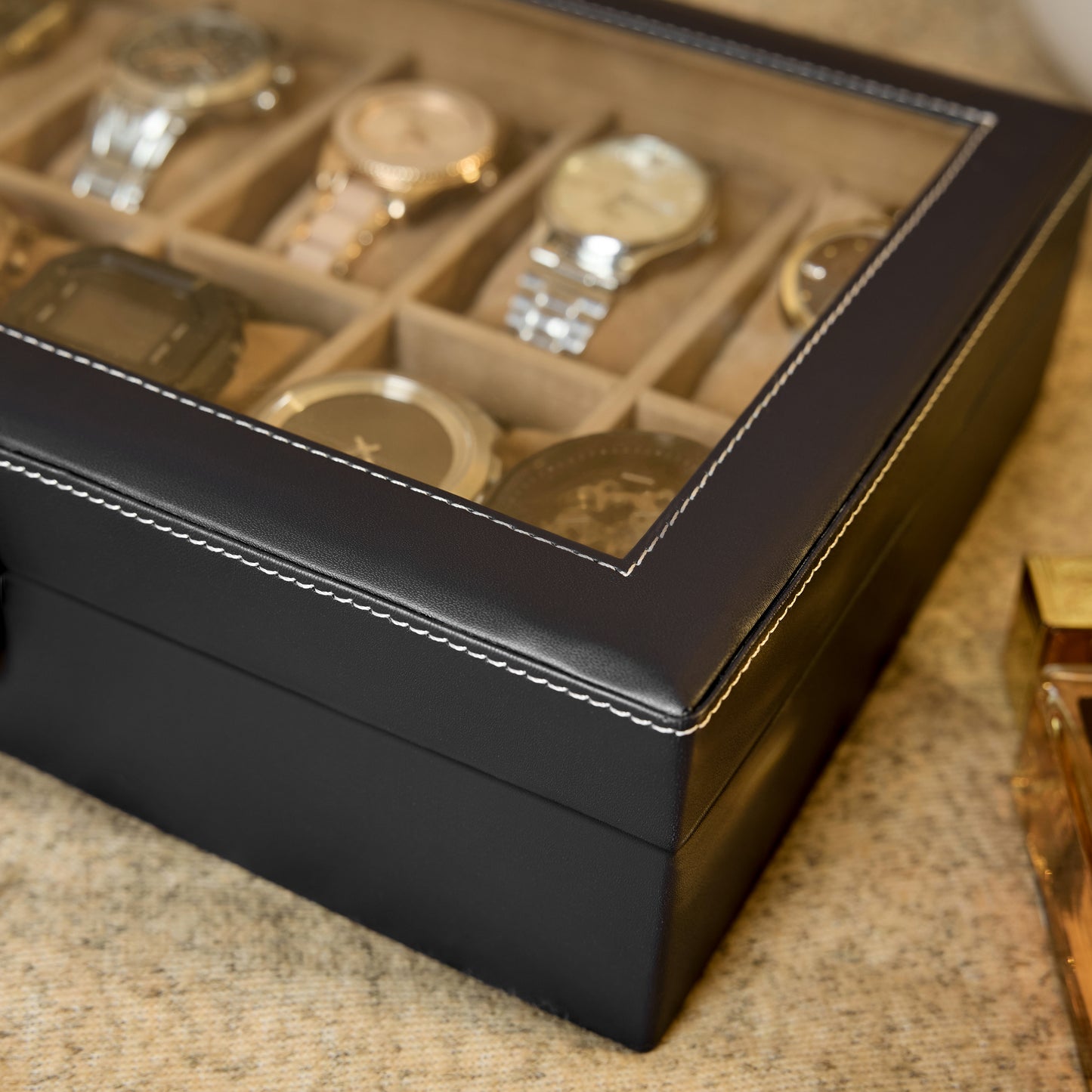 Leather World Watch Box Holder Organizer Case in 10 Slots of Watches for Men and Women with Transparent Display