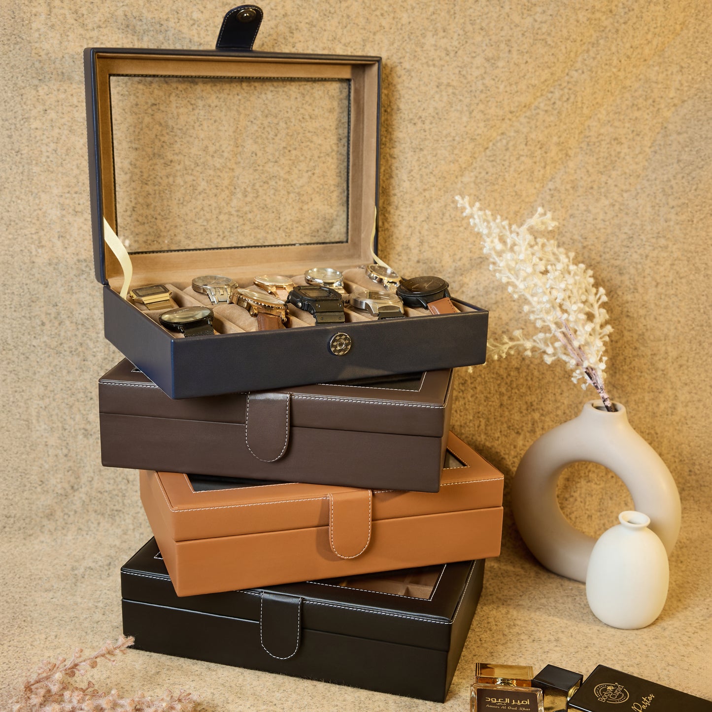 Leather World Watch Box Holder Organizer Case in 10 Slots of Watches for Men and Women with Transparent Display