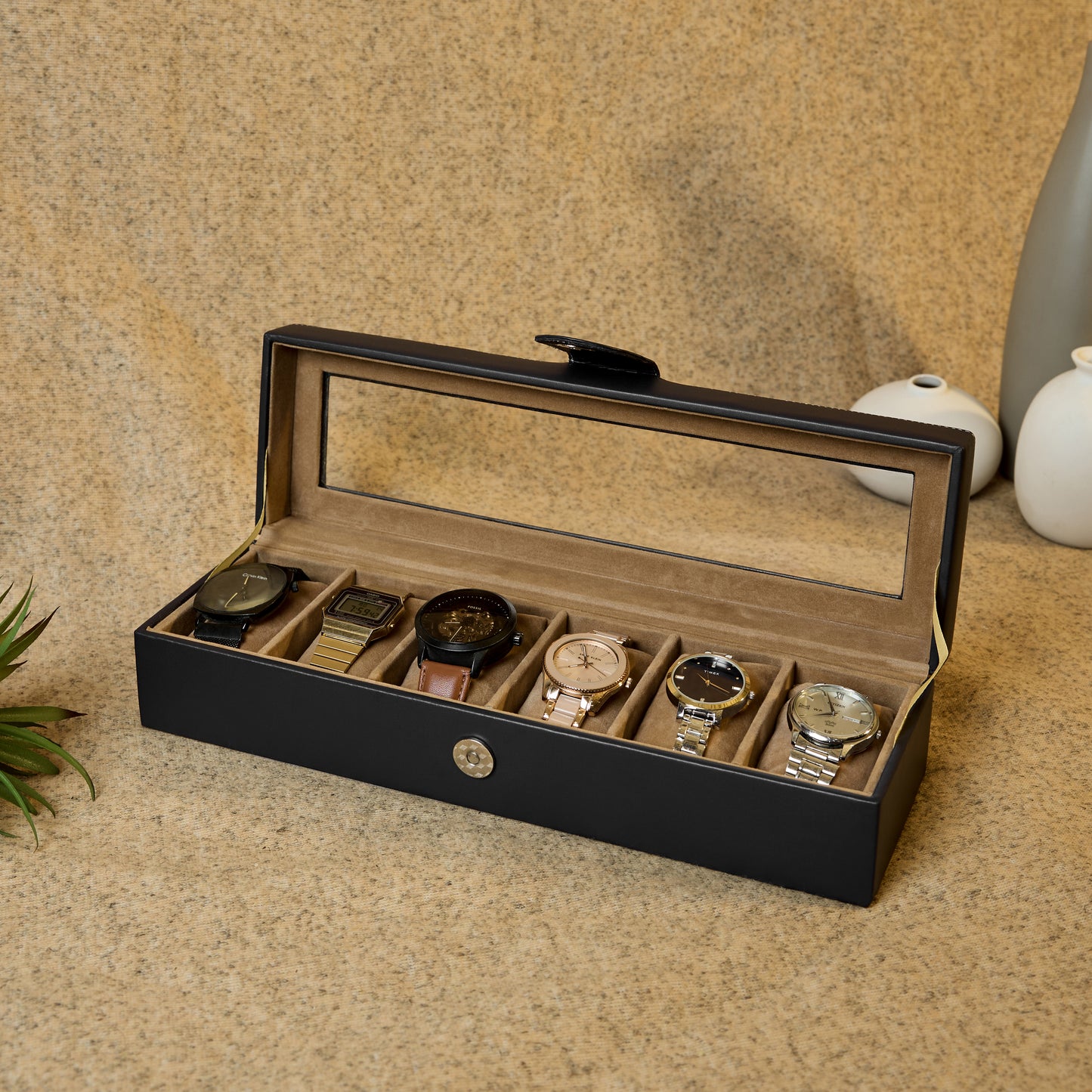 6 Slots Classy Watch Box Organizer with Viewing Window