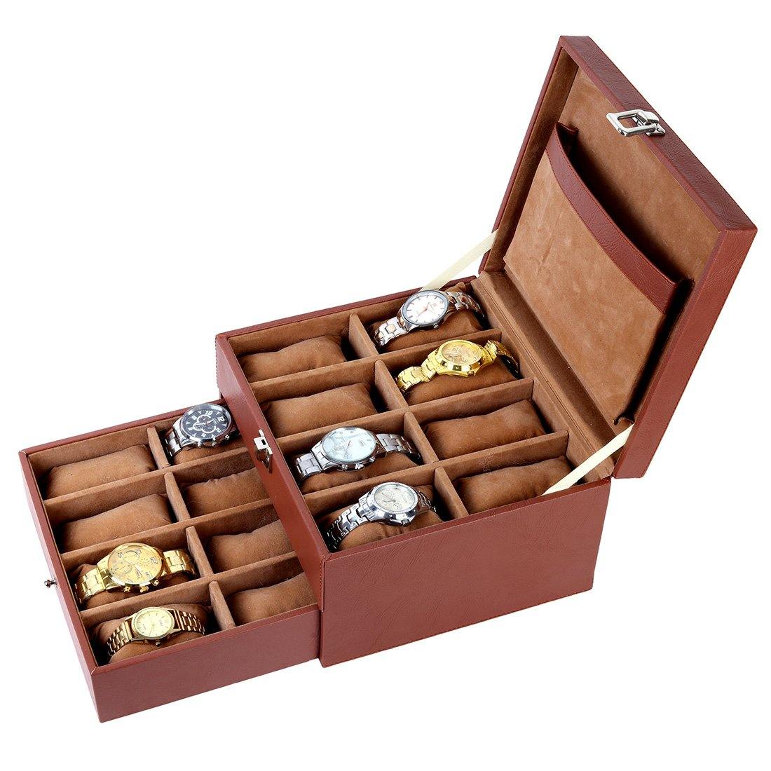 Leather World Unisex Classical 16 Slots Watch Organiser Box