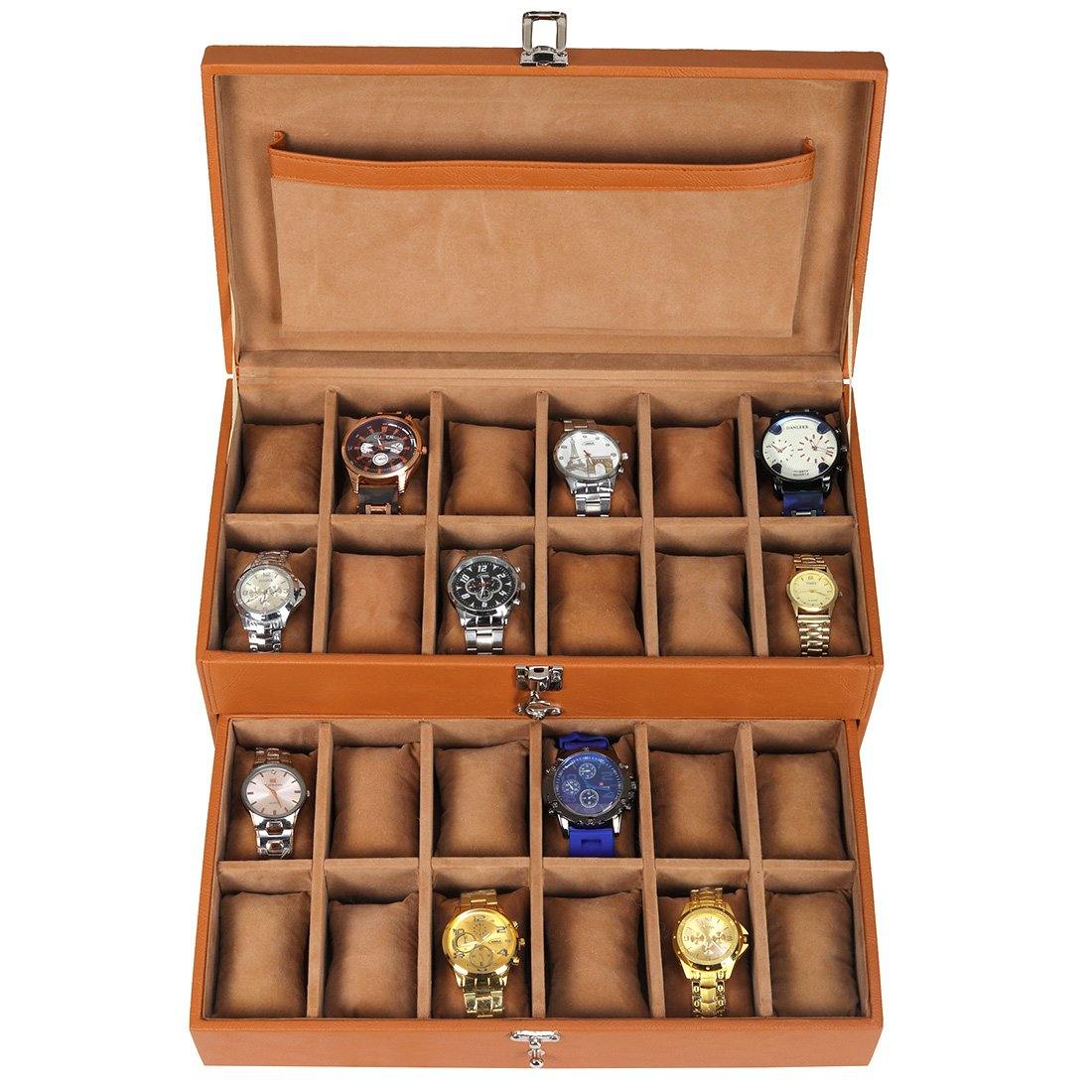 Leather World Unisex Classical 24 Slots Watch Organiser Box