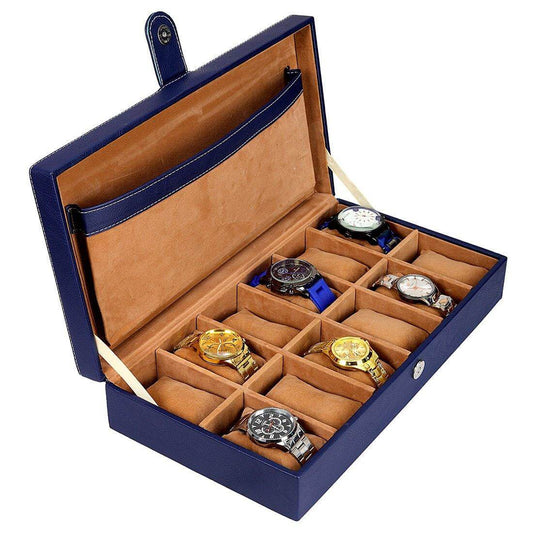 12 Slots Luxury Blue Watch Box Organizer with Plain PU Leather Finish