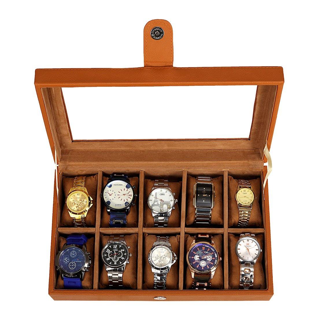 Leather World 10 Slots Elegant Watch Box With Viewing Window
