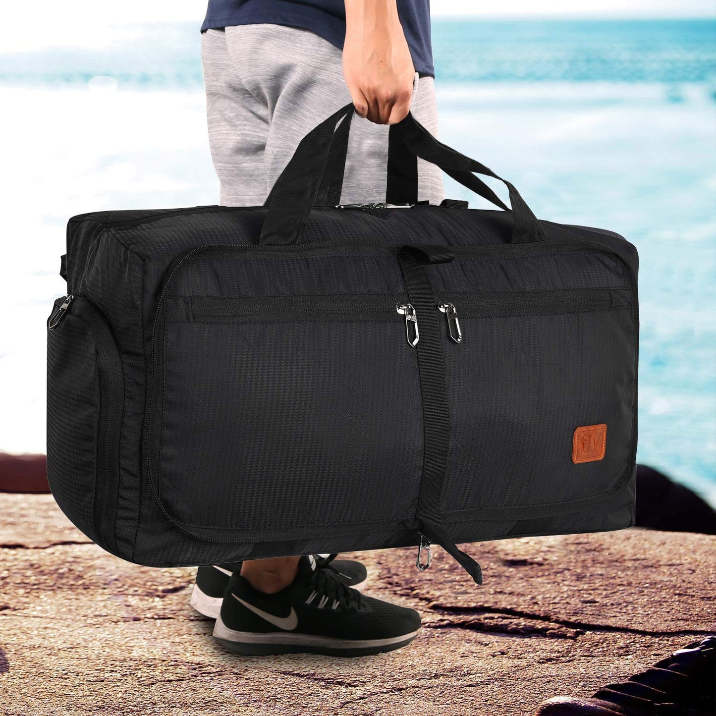 Fly Fashion Polyester Fold able Travel Duffel Bag Men Luggage Women -(Black)