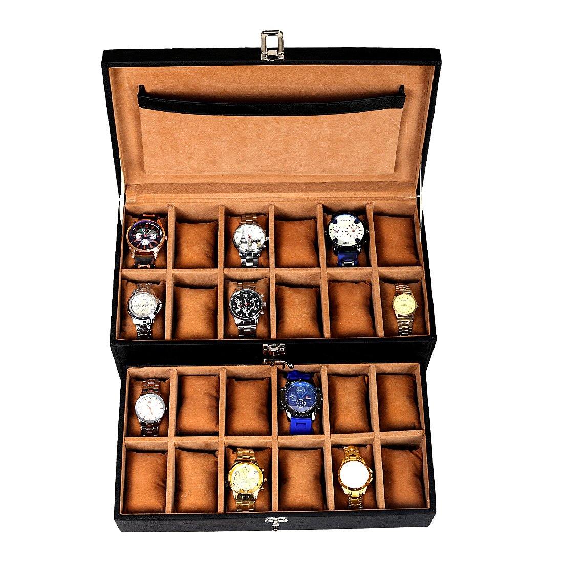 Leather World Unisex Classical 24 Slots Watch Organiser Box