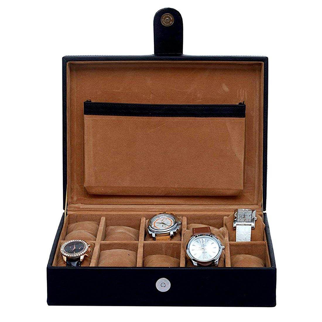10 Slots Elegant Watch Organizer Box With Plain PU Leather Finish