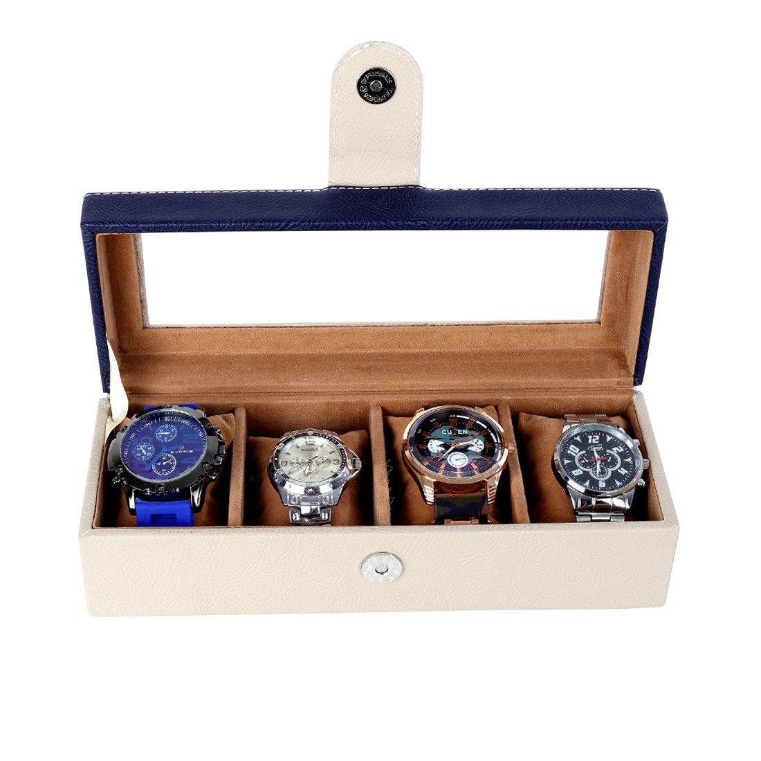 4 Slots Stylish Beige Watch Box with Viewing Window