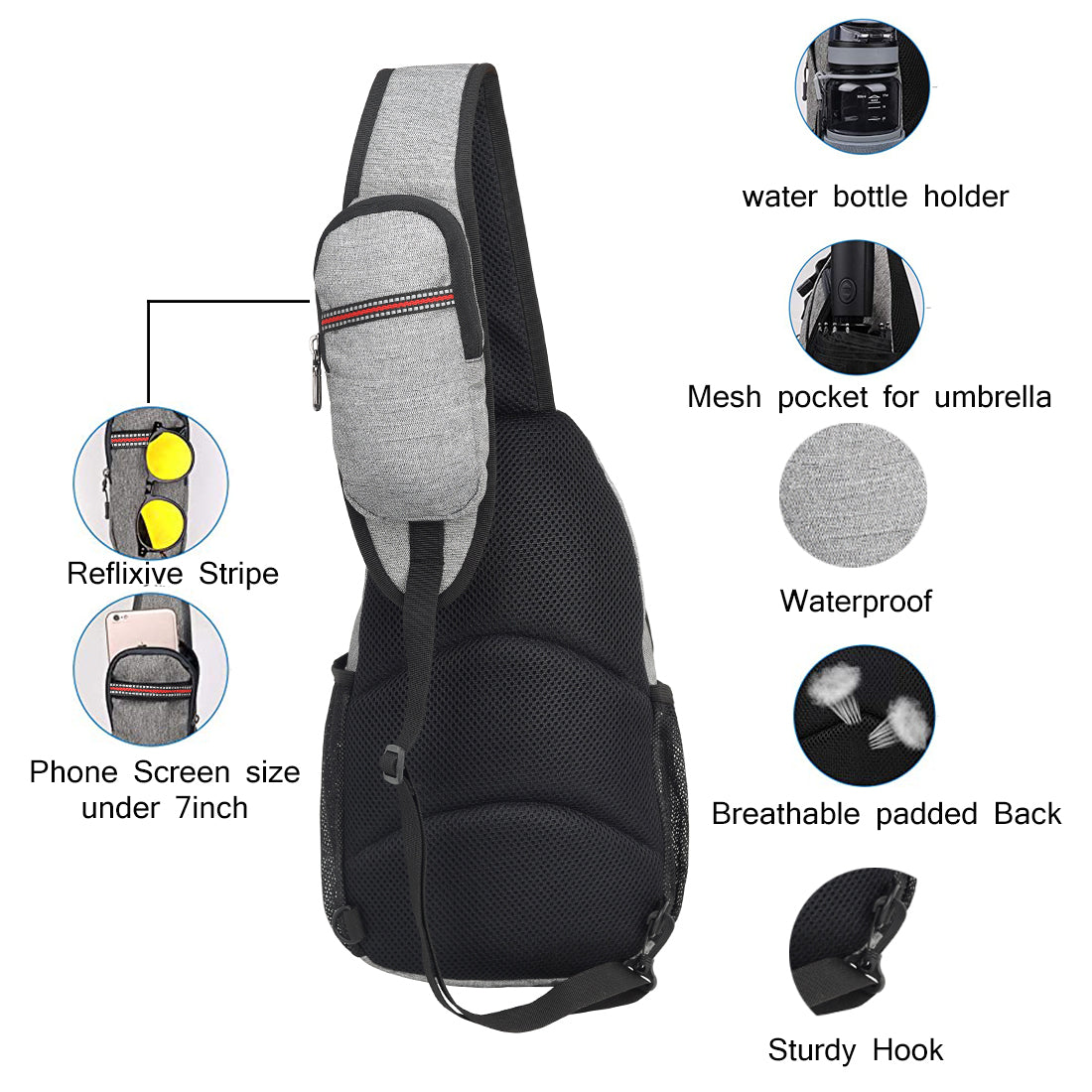 Fly Fashion Polyester Travel Cross Body Backpack Shoulder Chest Bag Lightweight Men Women (Grey)