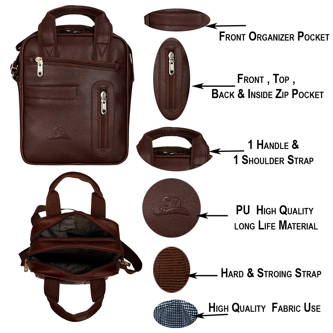 Leather World PU Leather Sling Cross Body Travel Office Business Messenger Bag for Men Women r (23 x 10x 29 cm) (Brown)