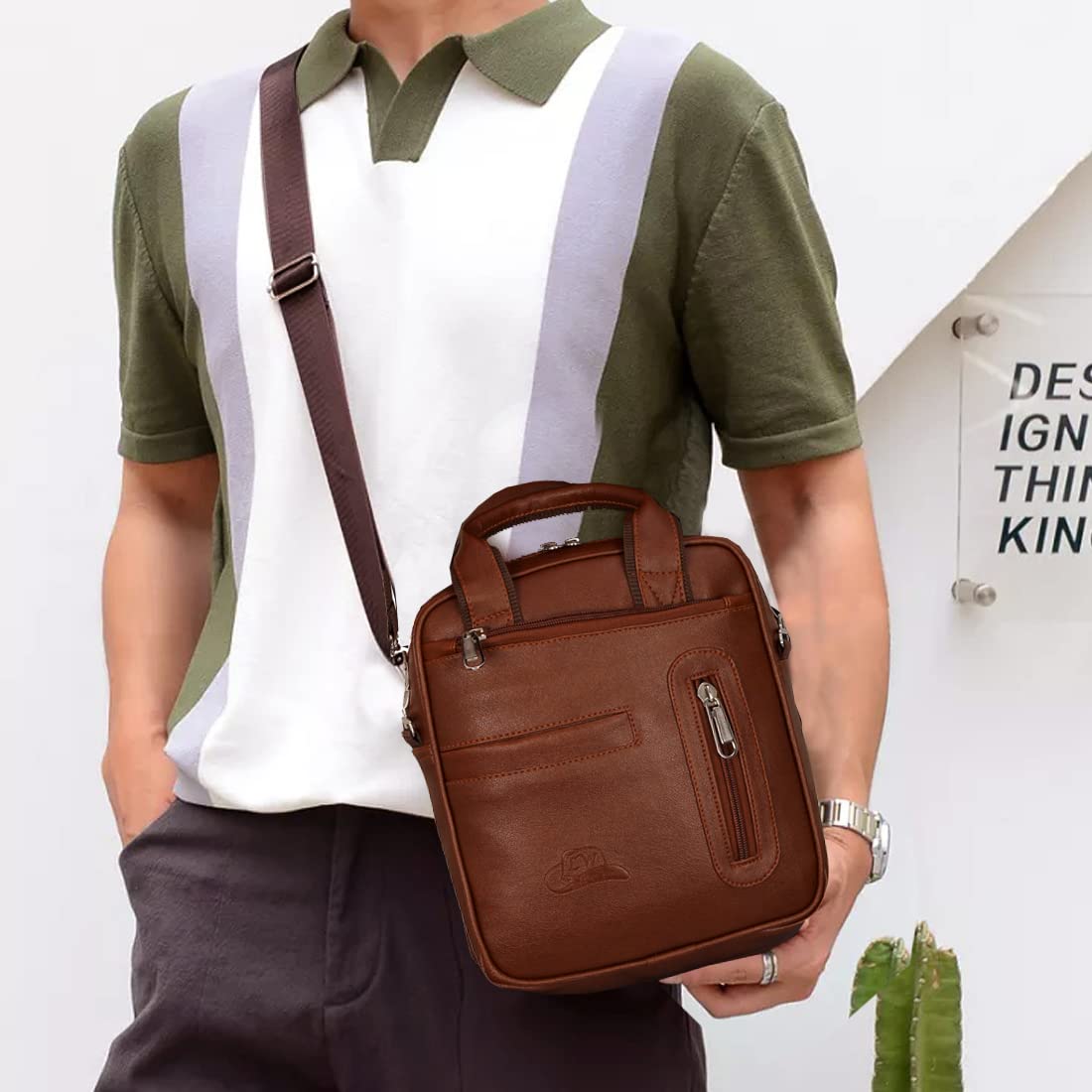 Leather World PU Leather Sling Bag Men Women Cross Body Travel Messenger