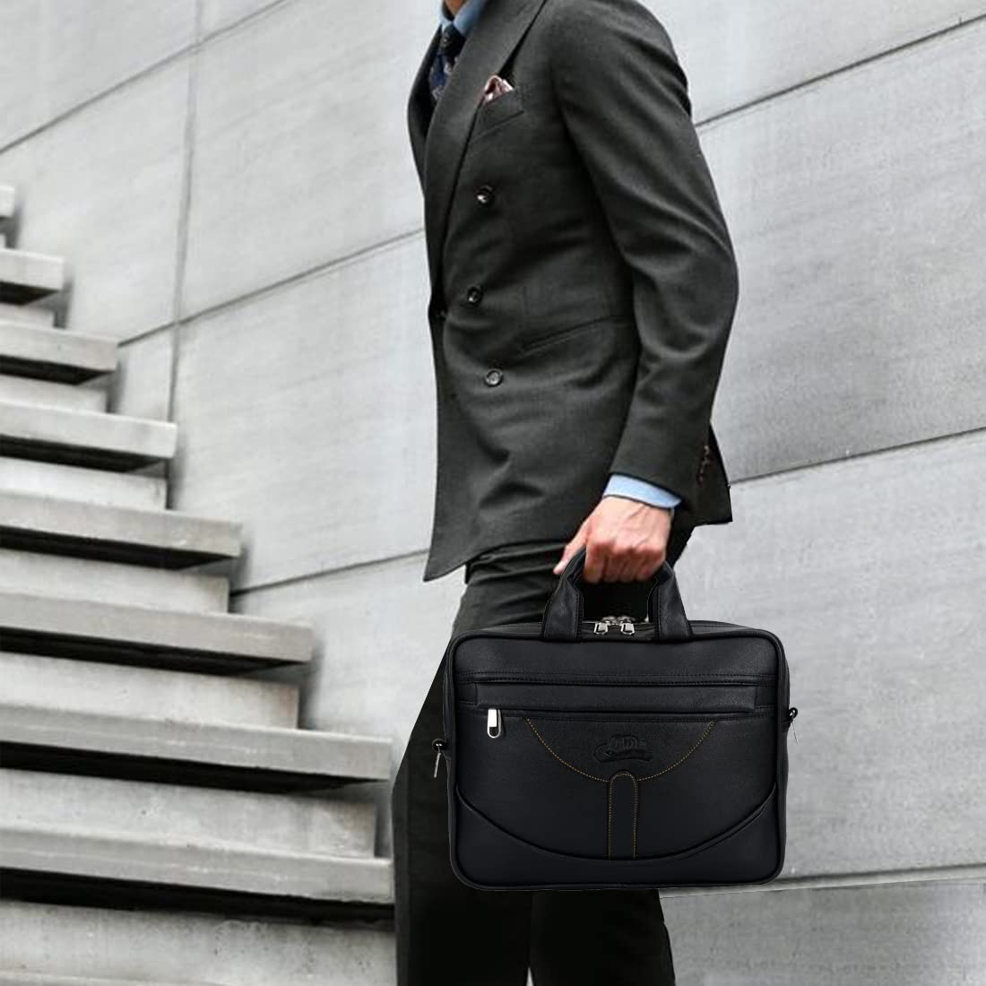 Leather World Vegan Leather Briefcase Laptop Office Bag for Men and Women with Padded Protection for 14 inch Laptop Black