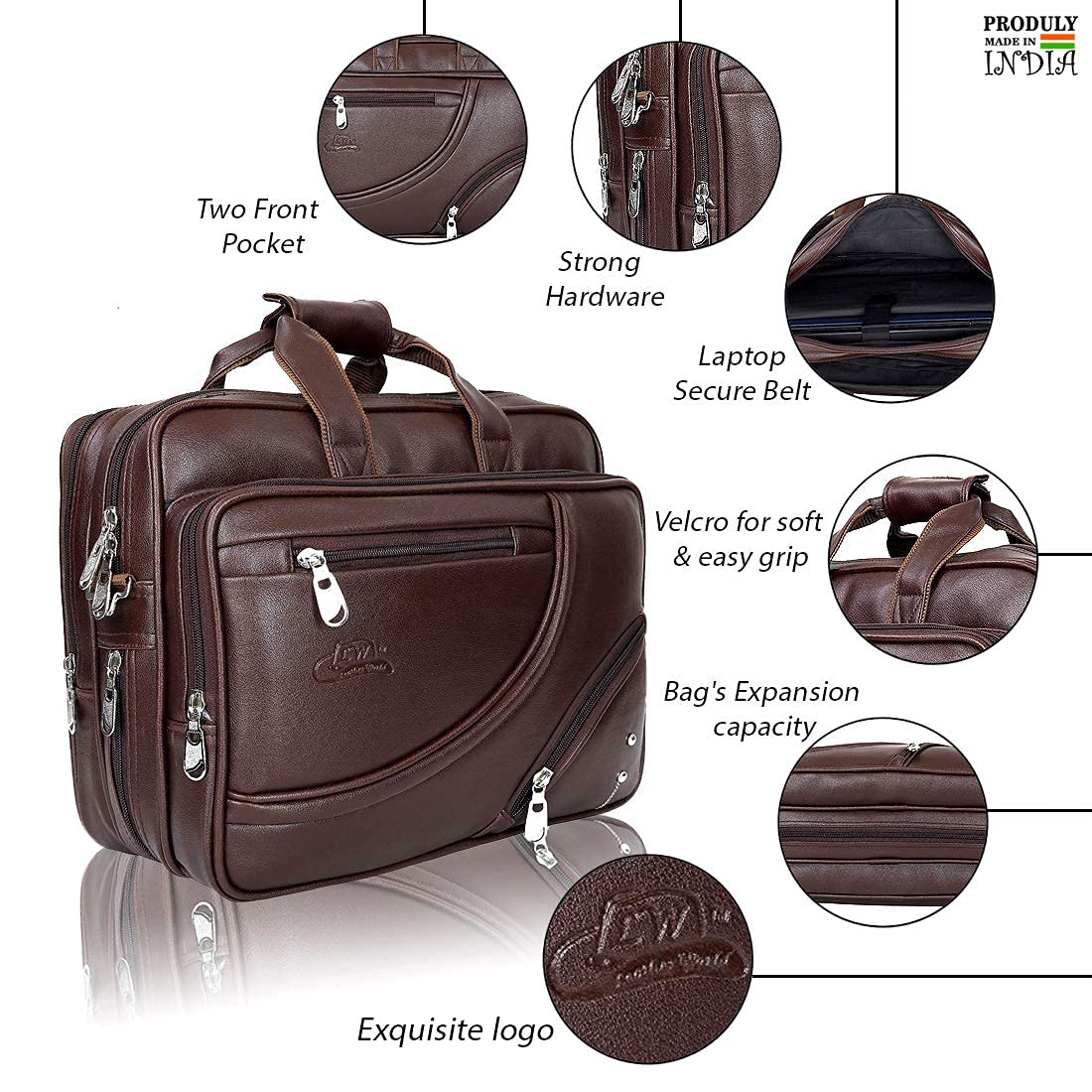 Leather World Pu Leather Expandable 15.6 inch Laptop Bag Office Bag for Men and Women Briefcase- Brown