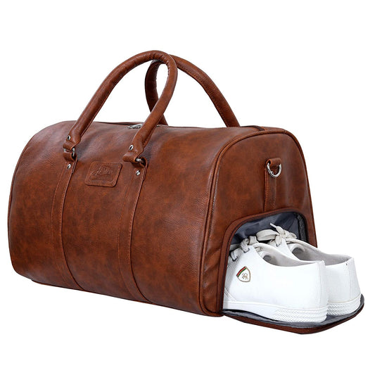 Leather World Tan Pu Leather Sports Gym Duffle Bag with Shoe Compartment