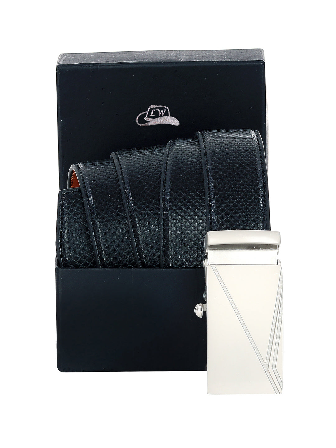 Leather World Auto Lock Buckle Vegan Leather Formal Black Belt For Men Elegant Gift Box